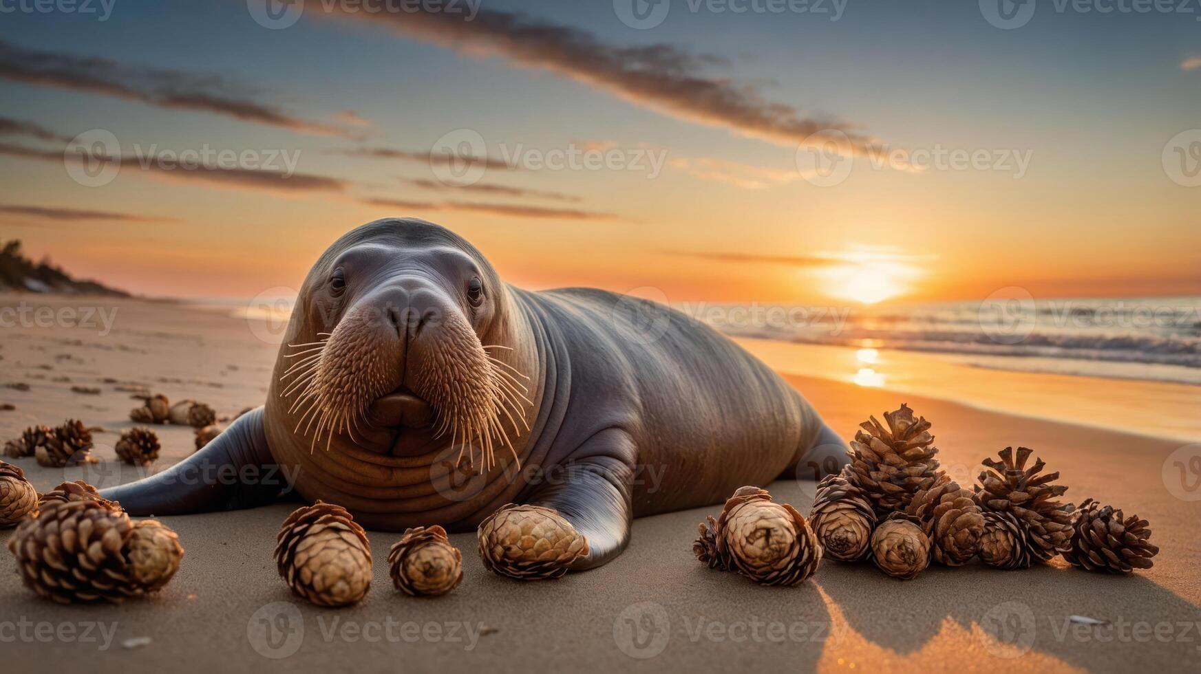 A seal resting on a beach at sunset, surrounded by pine cones. photo