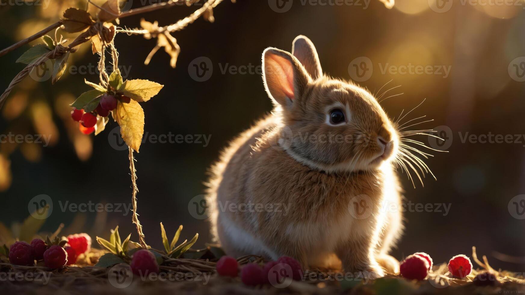 A cute rabbit sits among raspberries in a sunlit garden, creating a peaceful, serene scene. photo