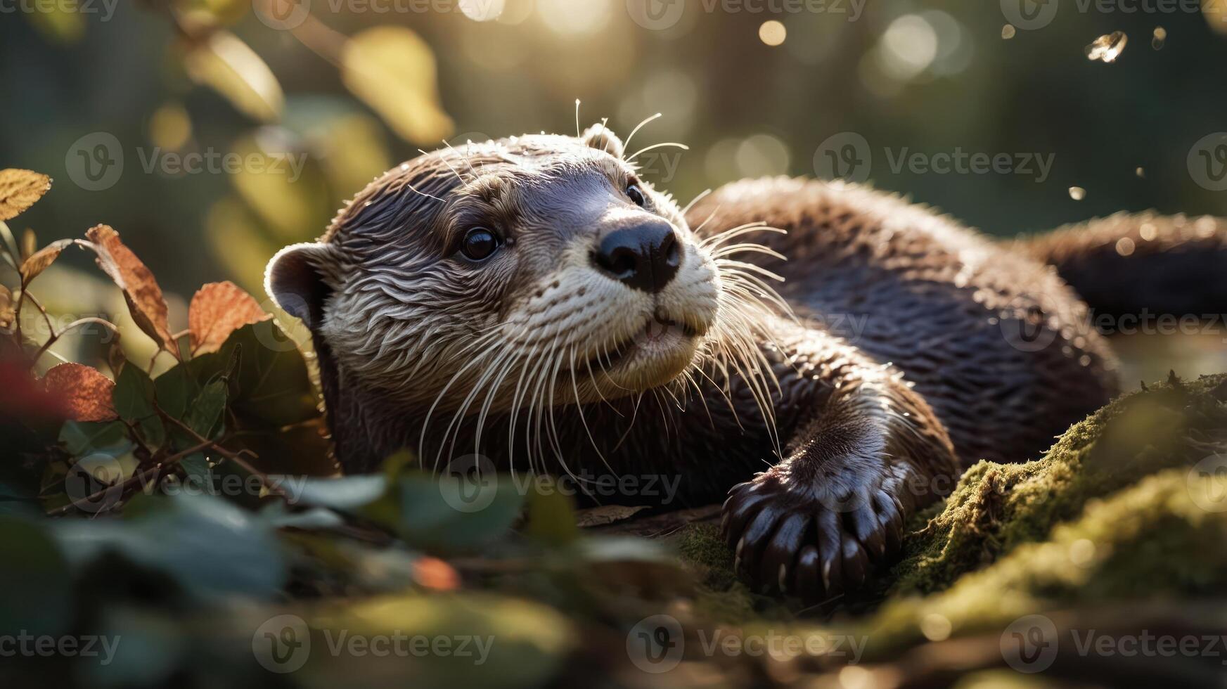 A close-up of an otter resting among foliage, showcasing its playful and curious nature. photo