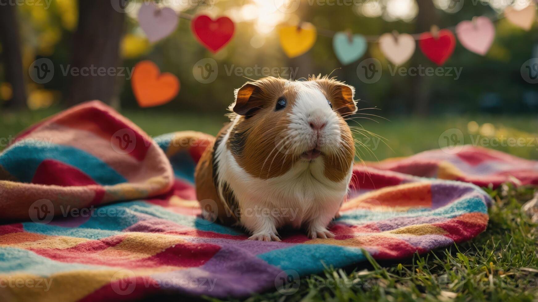 A cute guinea pig sits on a colorful blanket in a sunny outdoor setting with heart decorations. photo