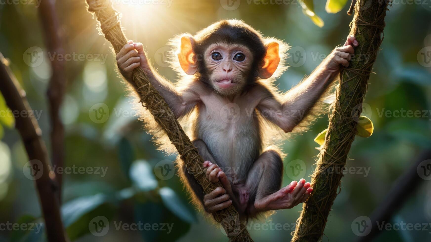 A young monkey sitting on a branch in a lush, sunlit forest. photo