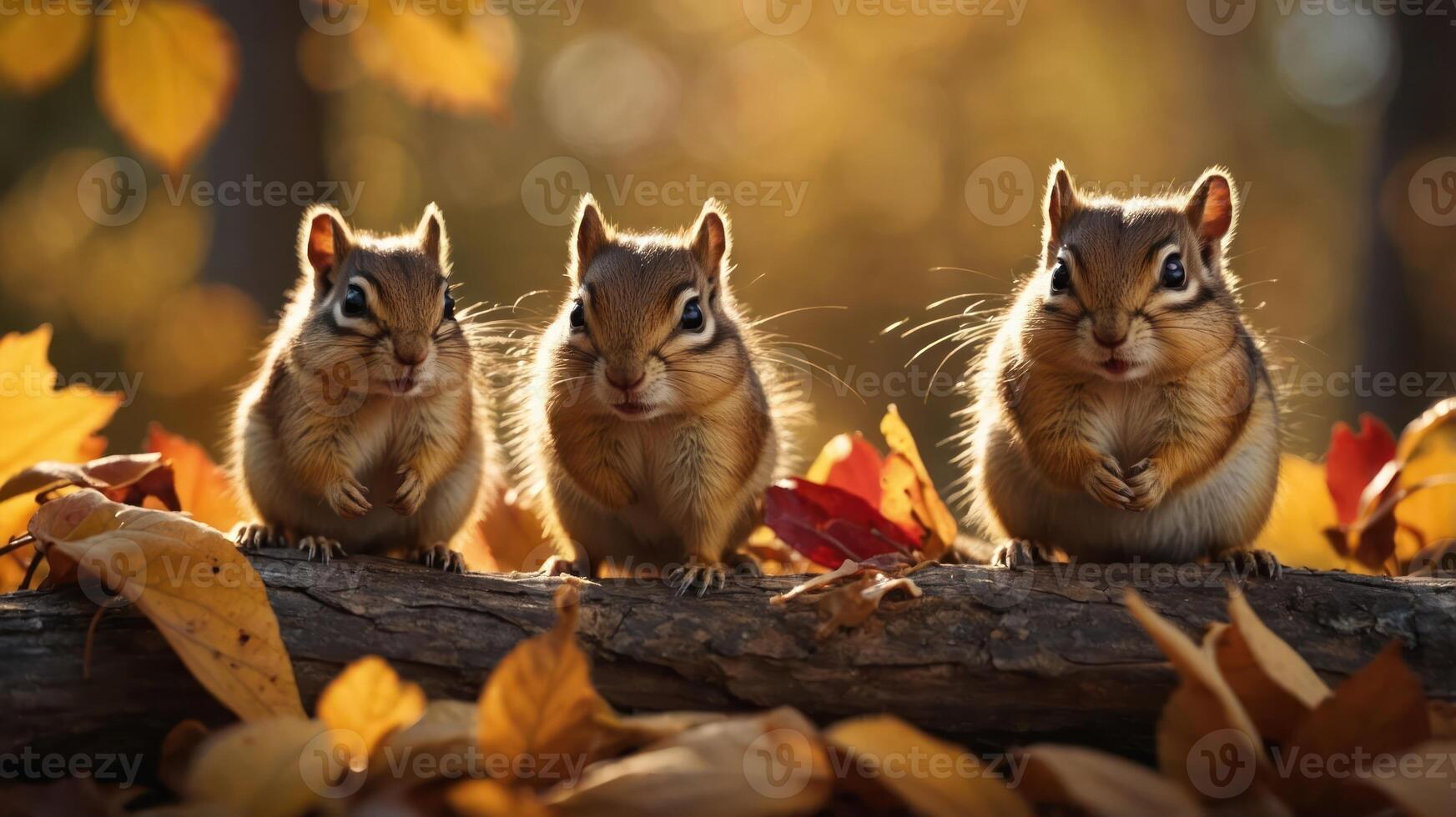 Three chipmunks sitting on a log surrounded by autumn leaves. photo