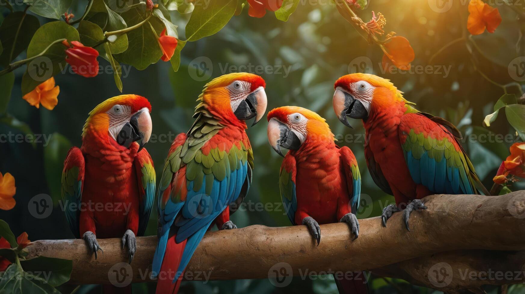 A vibrant group of four macaws perched on a branch amidst lush foliage. photo