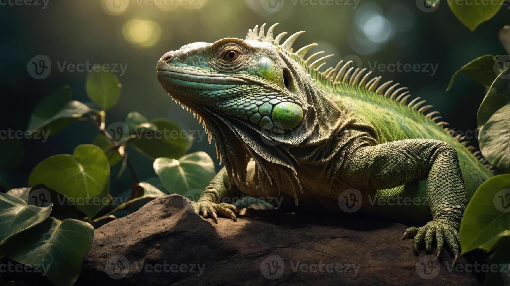 A close-up of a green iguana resting on a rock amidst lush foliage. photo