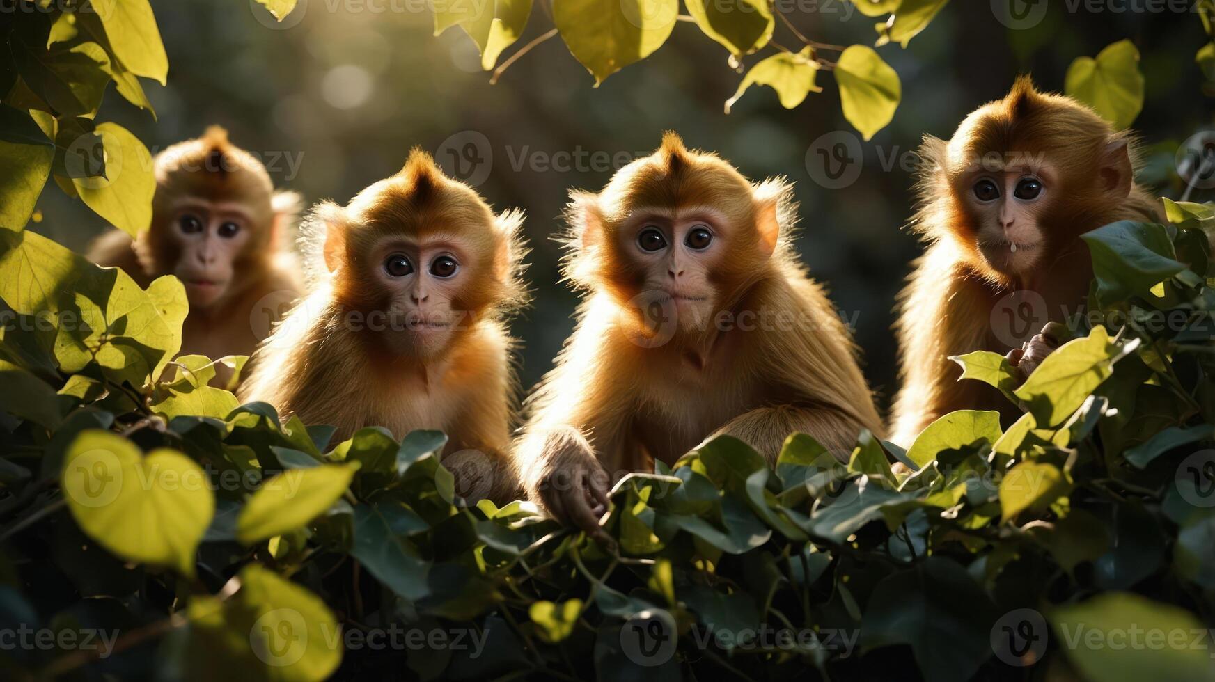 Four monkeys peering through lush green foliage, illuminated by soft sunlight. photo