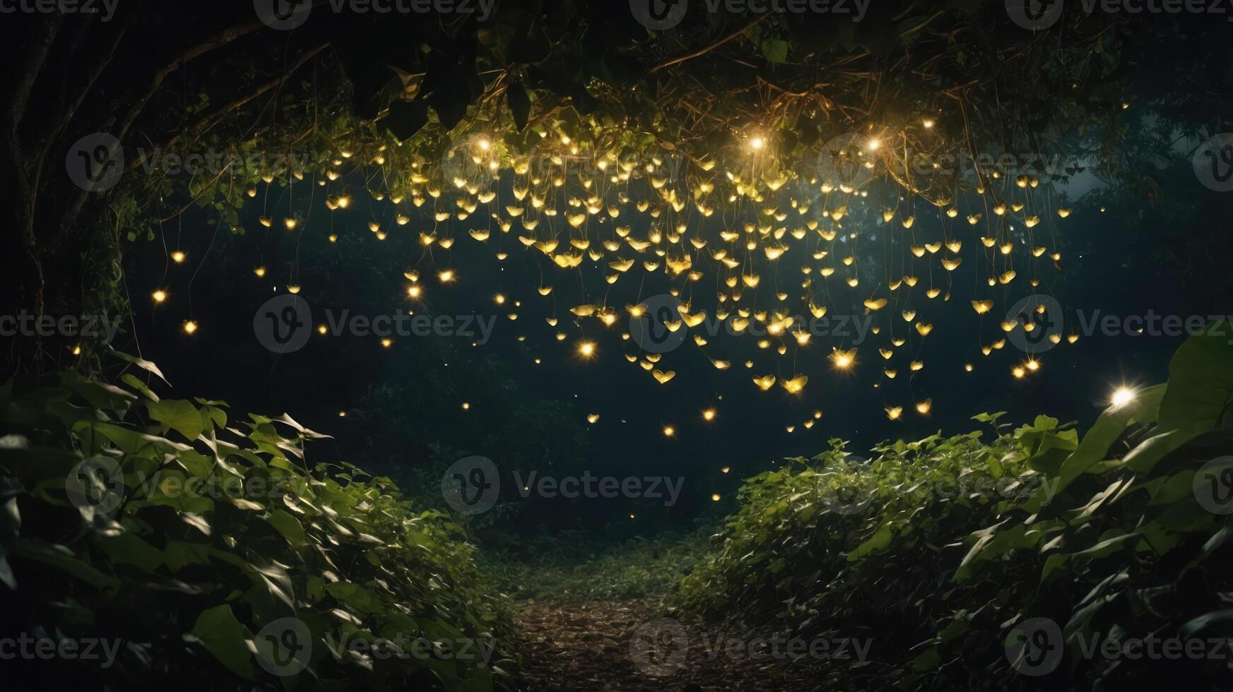 A serene forest scene illuminated by glowing fireflies, creating a magical atmosphere. photo
