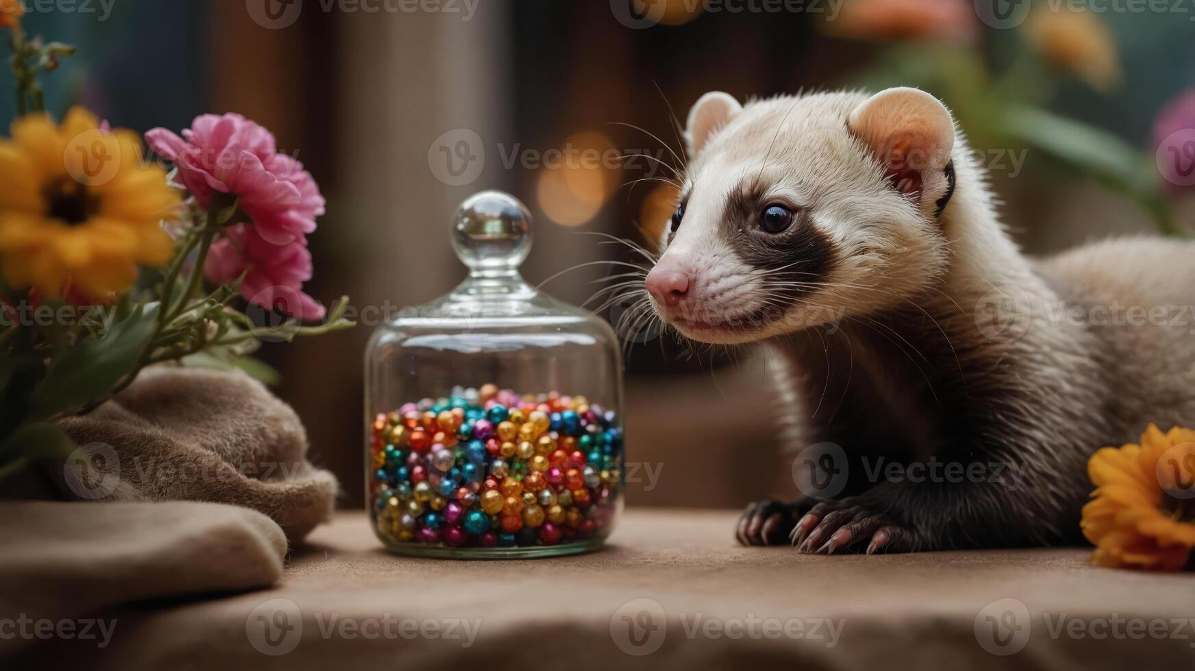 A ferret curiously examines a glass jar filled with colorful beads, surrounded by flowers. photo