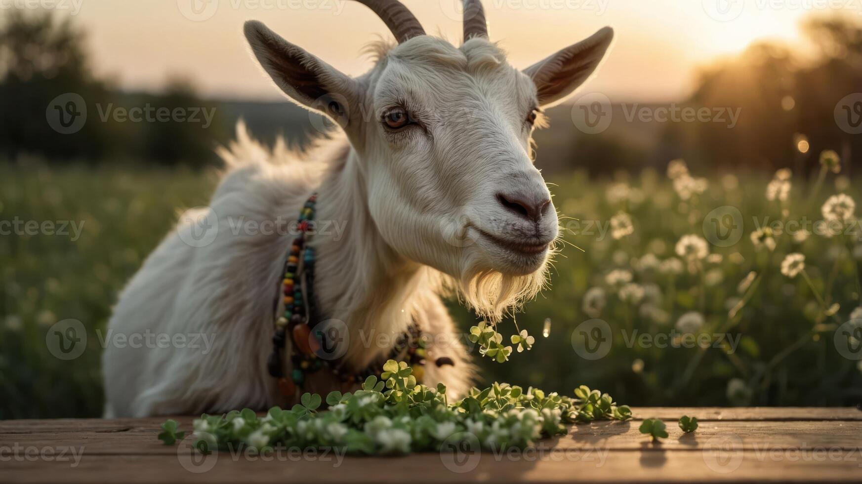 A goat with a playful expression surrounded by greenery at sunset. photo