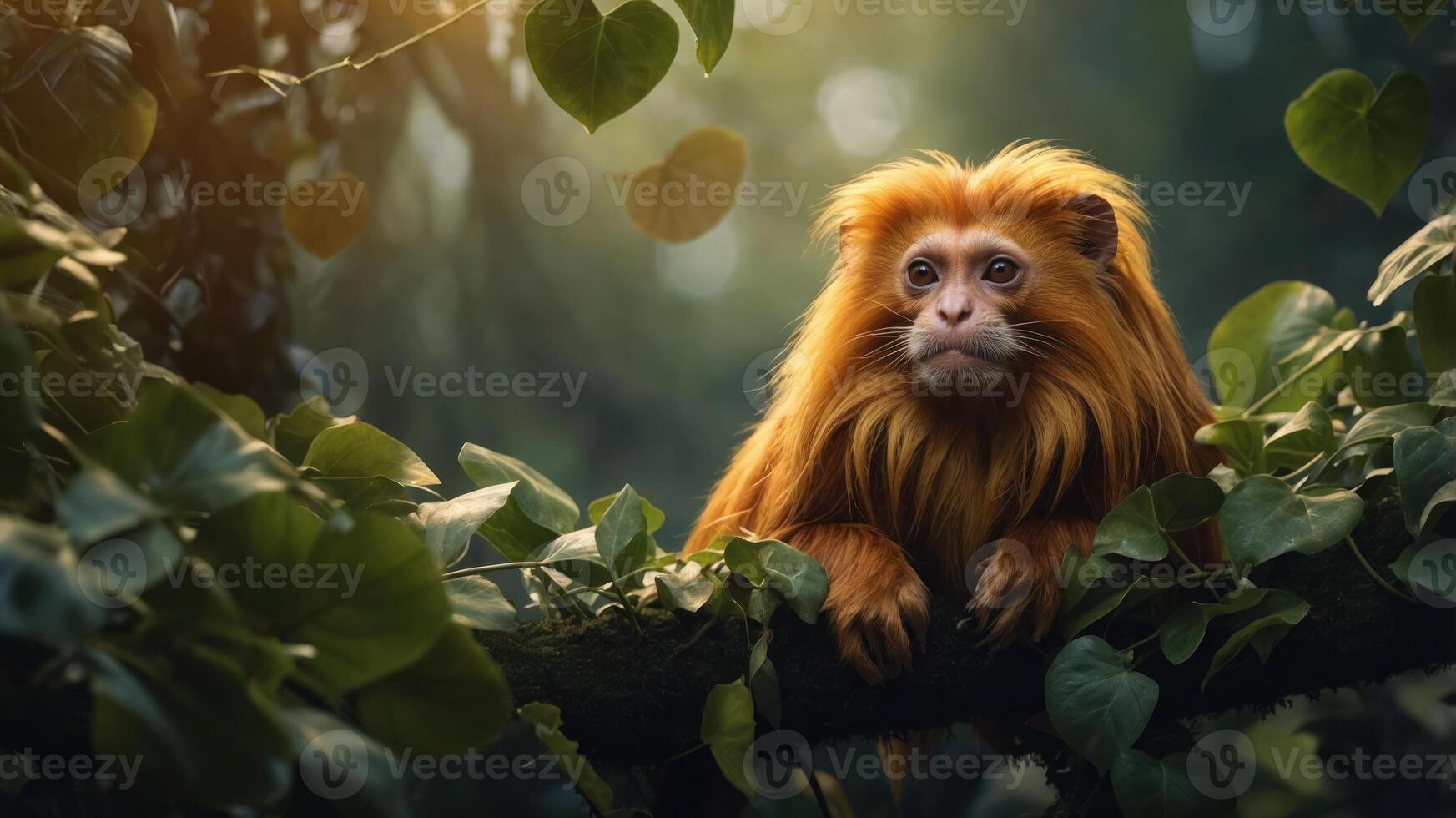 A golden monkey perched on a branch amidst lush greenery. photo