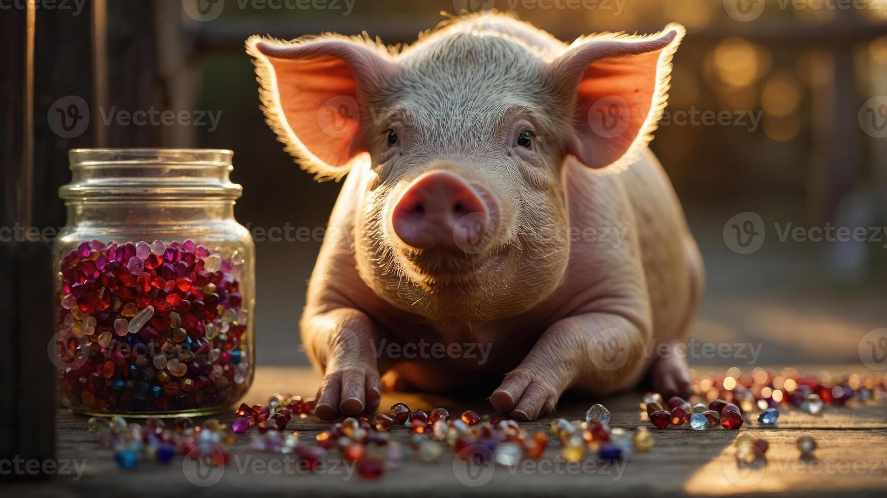 A cute pig surrounded by colorful beads, creating a whimsical and playful atmosphere. photo