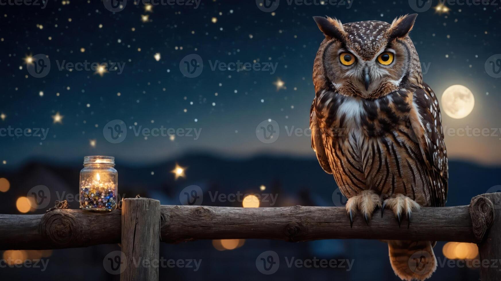 A majestic owl perched on a wooden fence under a starry night sky with a glowing jar. photo