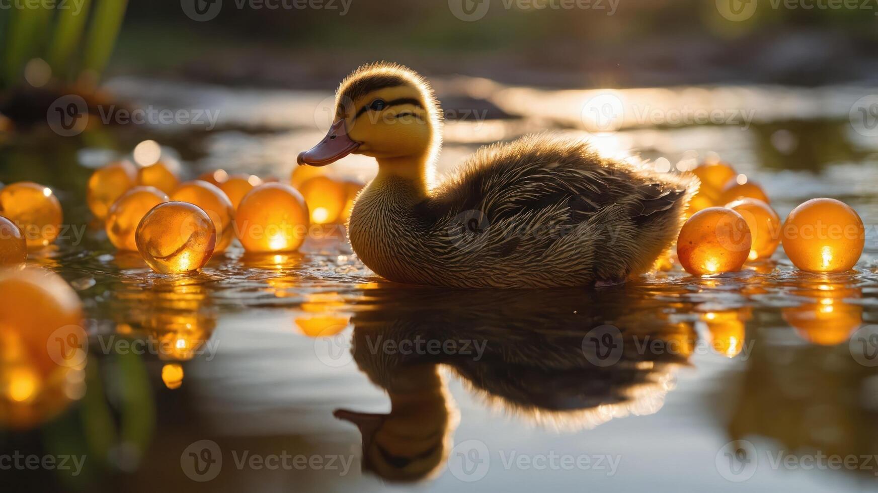 A duckling swimming among glowing orange orbs in a serene water setting. photo