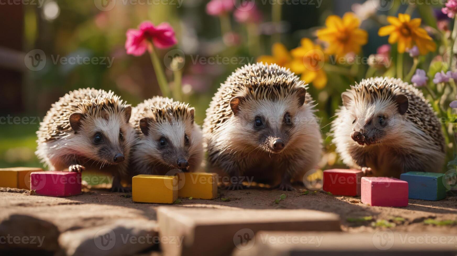 Four hedgehogs play with colorful blocks in a vibrant garden setting. photo