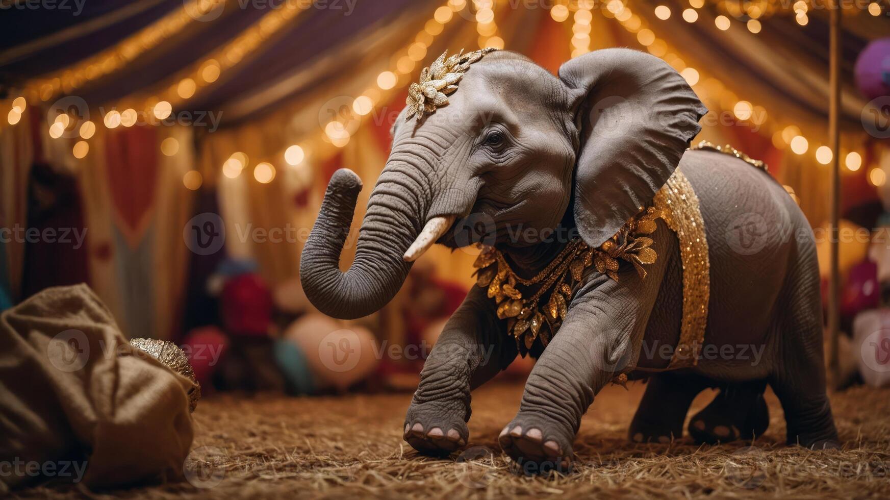 A decorated elephant performs in a circus setting with festive lights and colorful decor. photo
