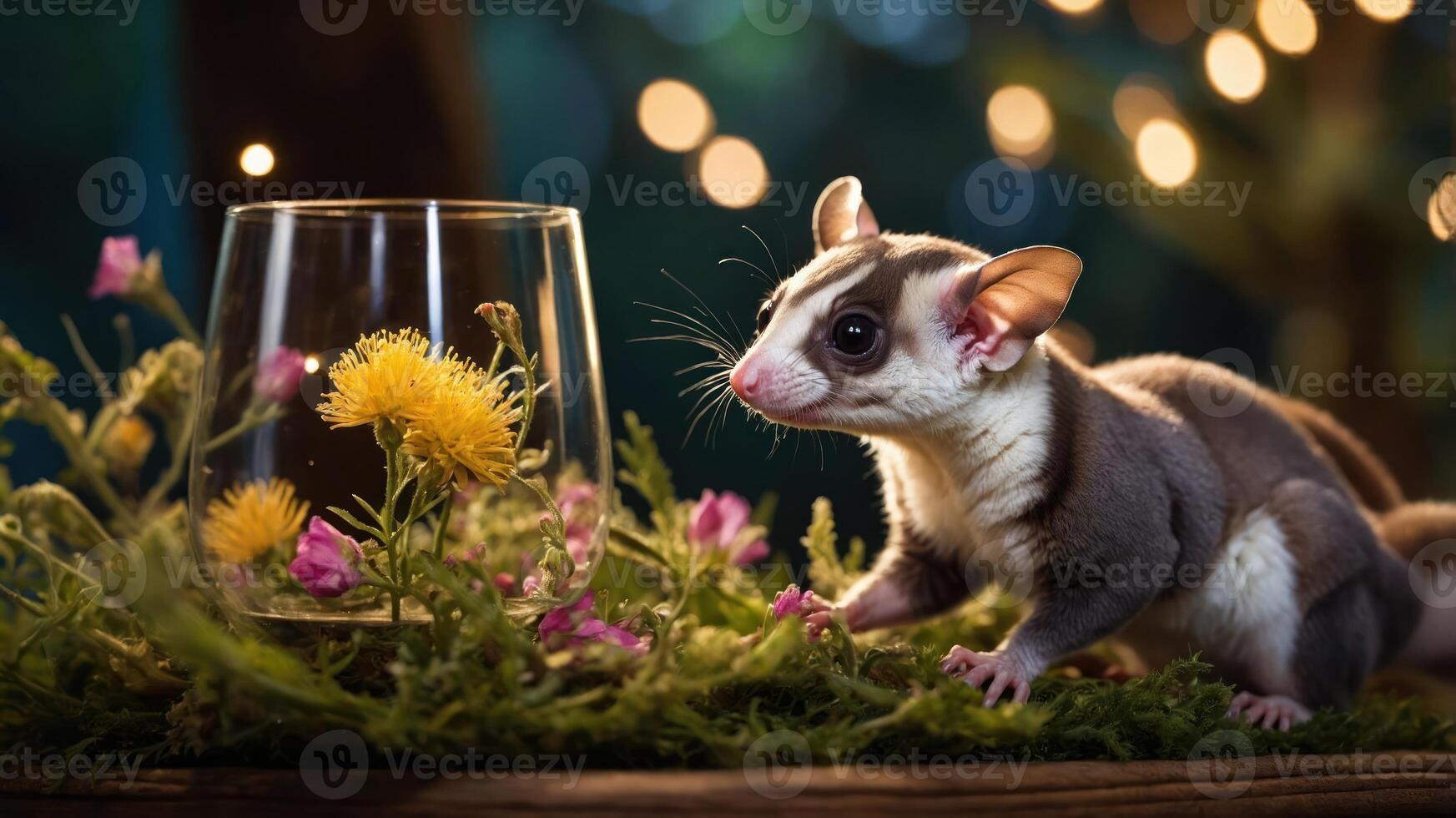 A sugar glider explores a floral setting with a glass, capturing a whimsical moment in nature. photo