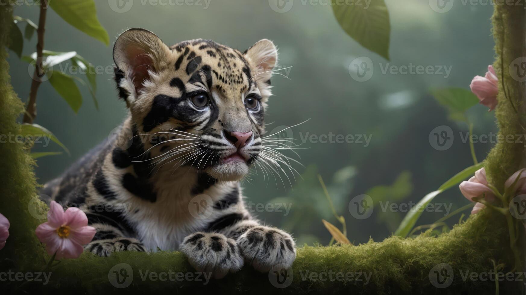 A close-up of a young jaguar resting among lush greenery and flowers in a serene environment. photo