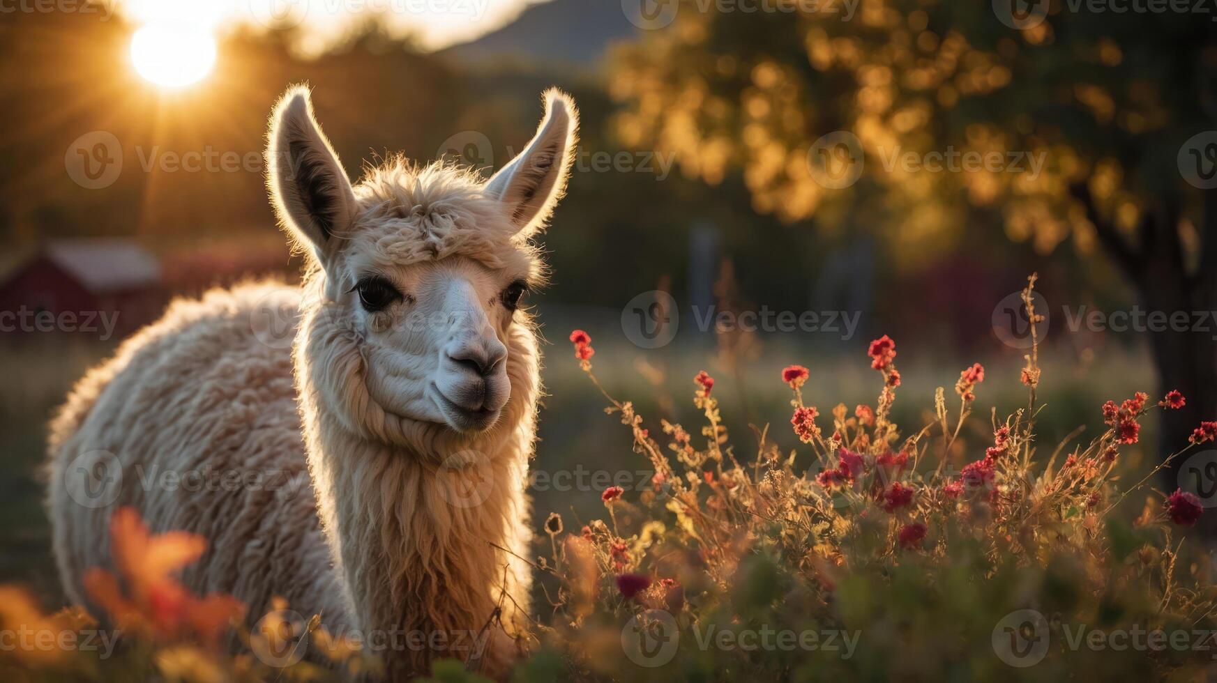 A serene llama stands amidst flowers at sunset, creating a peaceful rural scene. photo