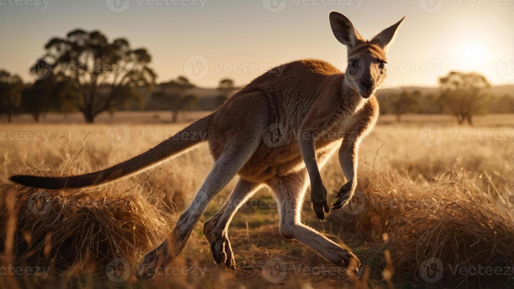 A kangaroo leaping gracefully in a sunlit field during golden hour. photo