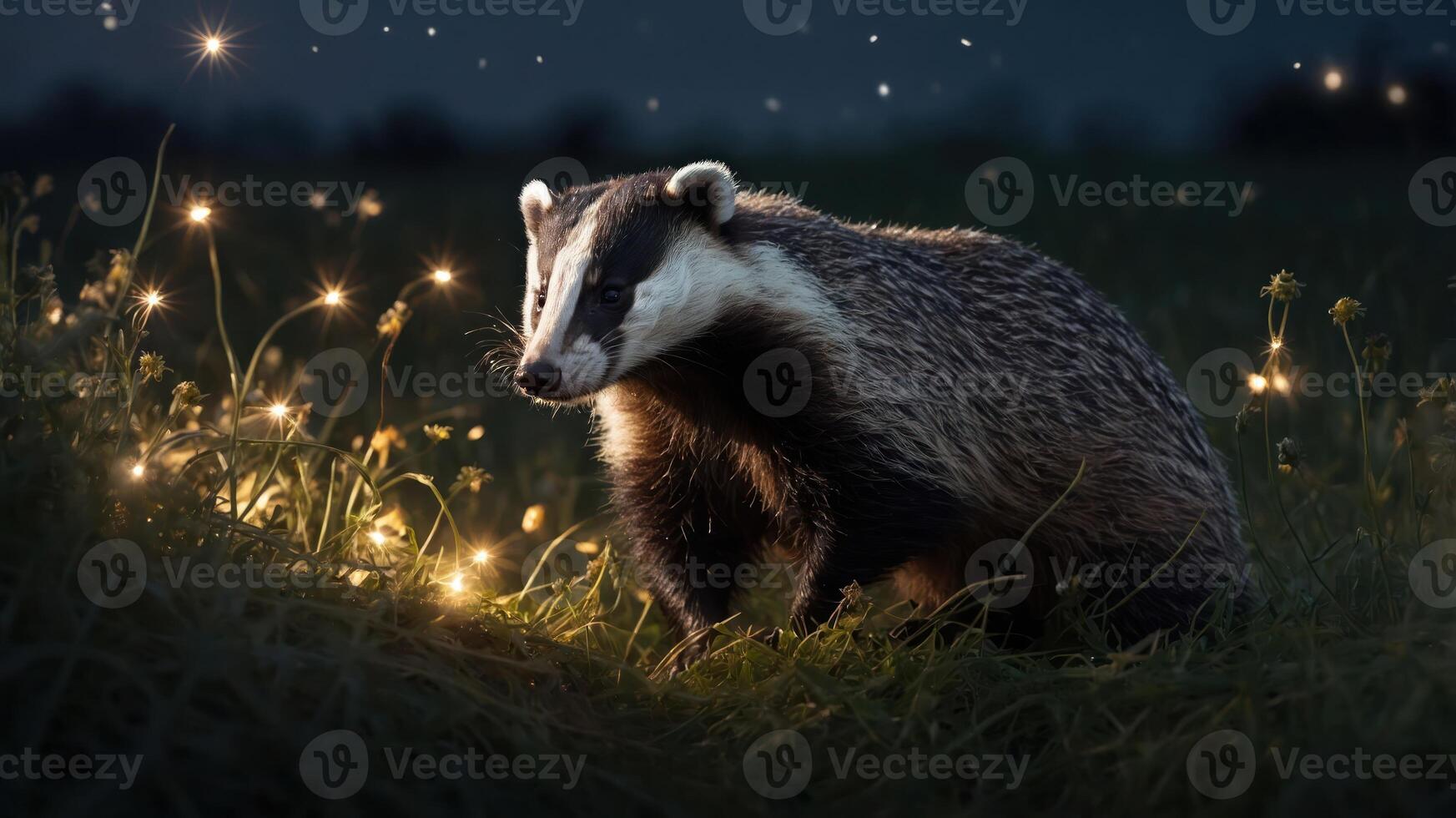 A badger illuminated by soft lights in a grassy field at night. photo