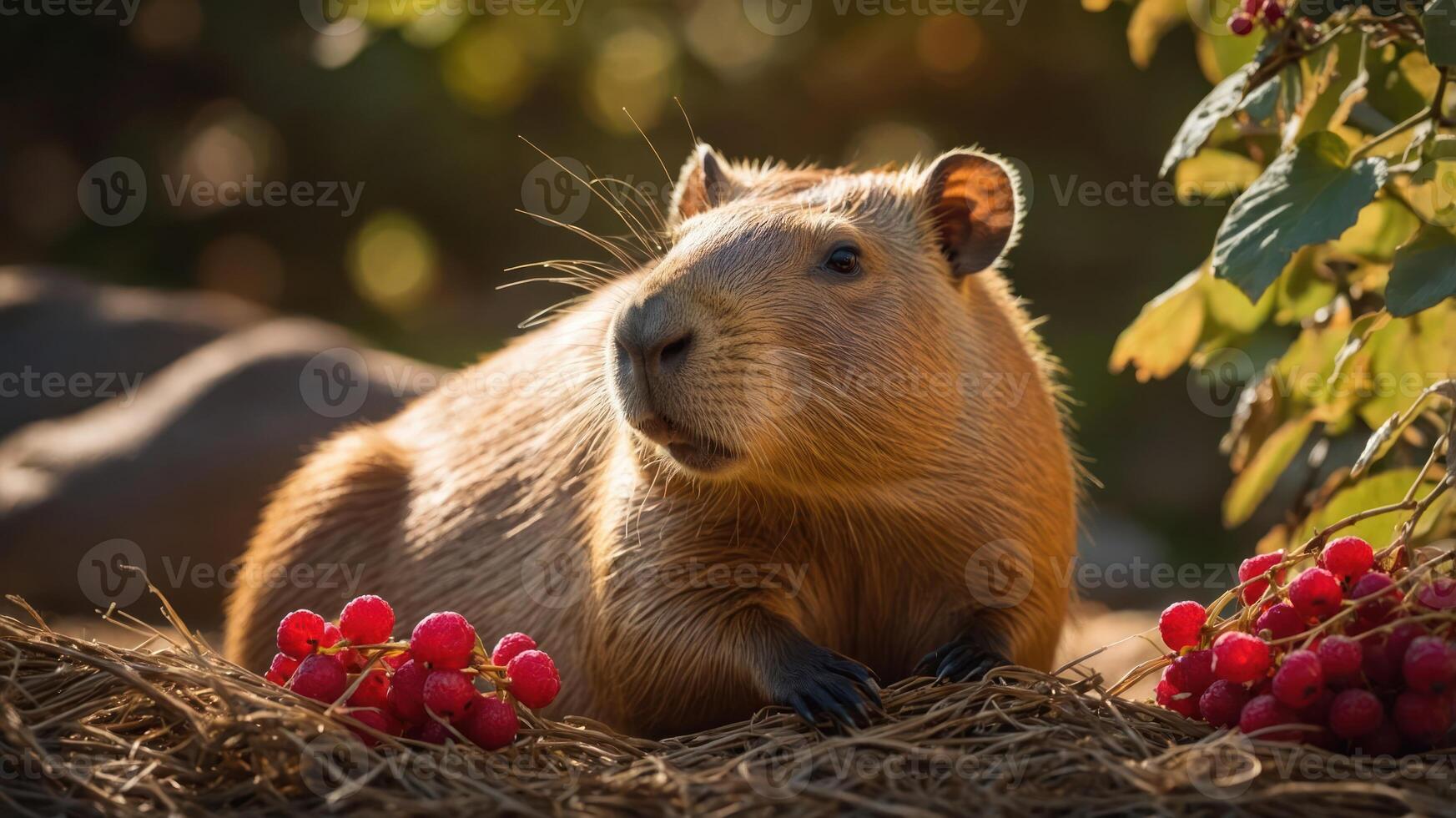 A capybara resting among raspberries in a natural setting, showcasing wildlife and nature. photo
