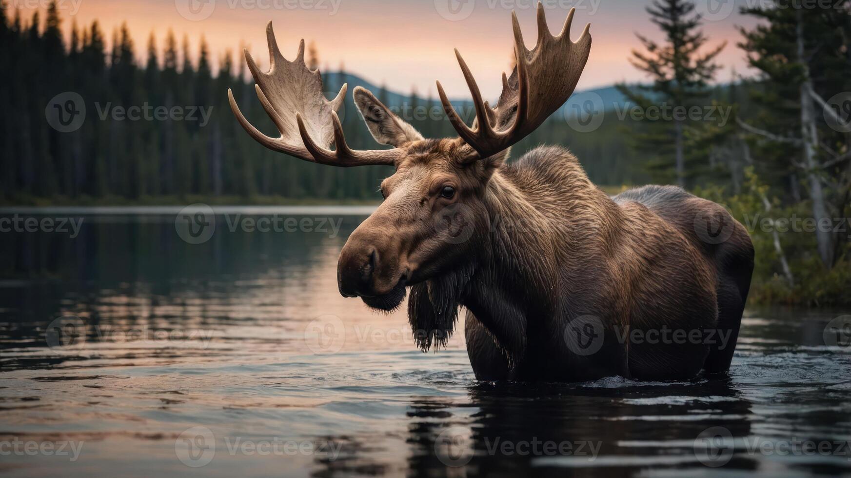 A moose wades through a tranquil lake surrounded by lush trees at sunset. photo