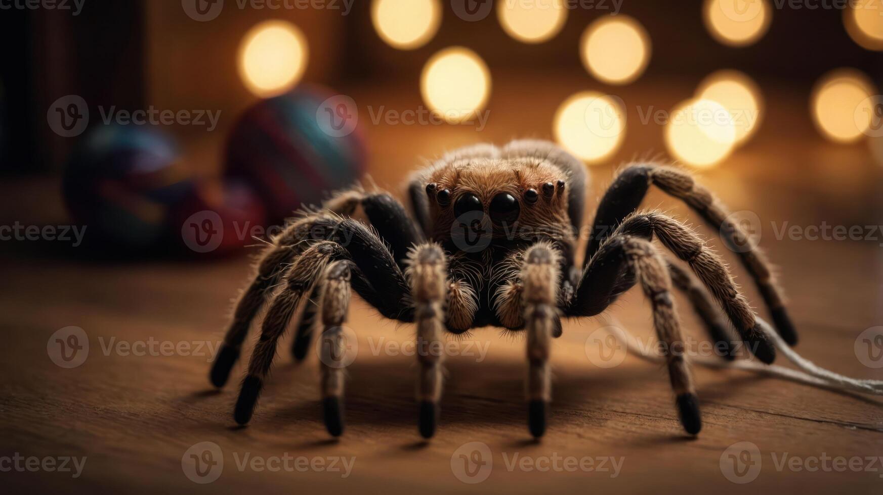 A detailed close-up of a spider with a blurred background of festive lights. photo