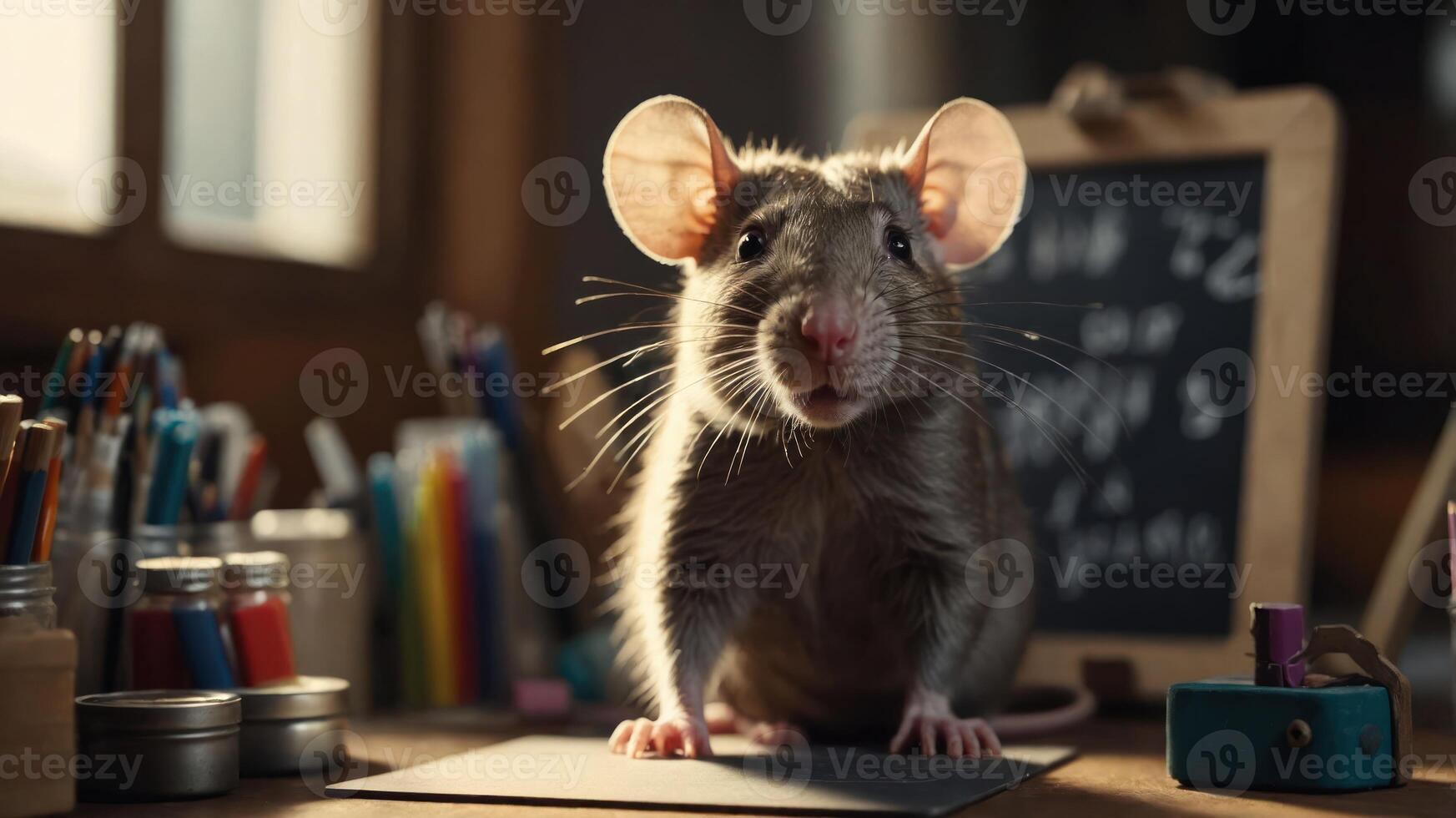 A curious rat stands on a desk surrounded by stationery and a chalkboard. photo