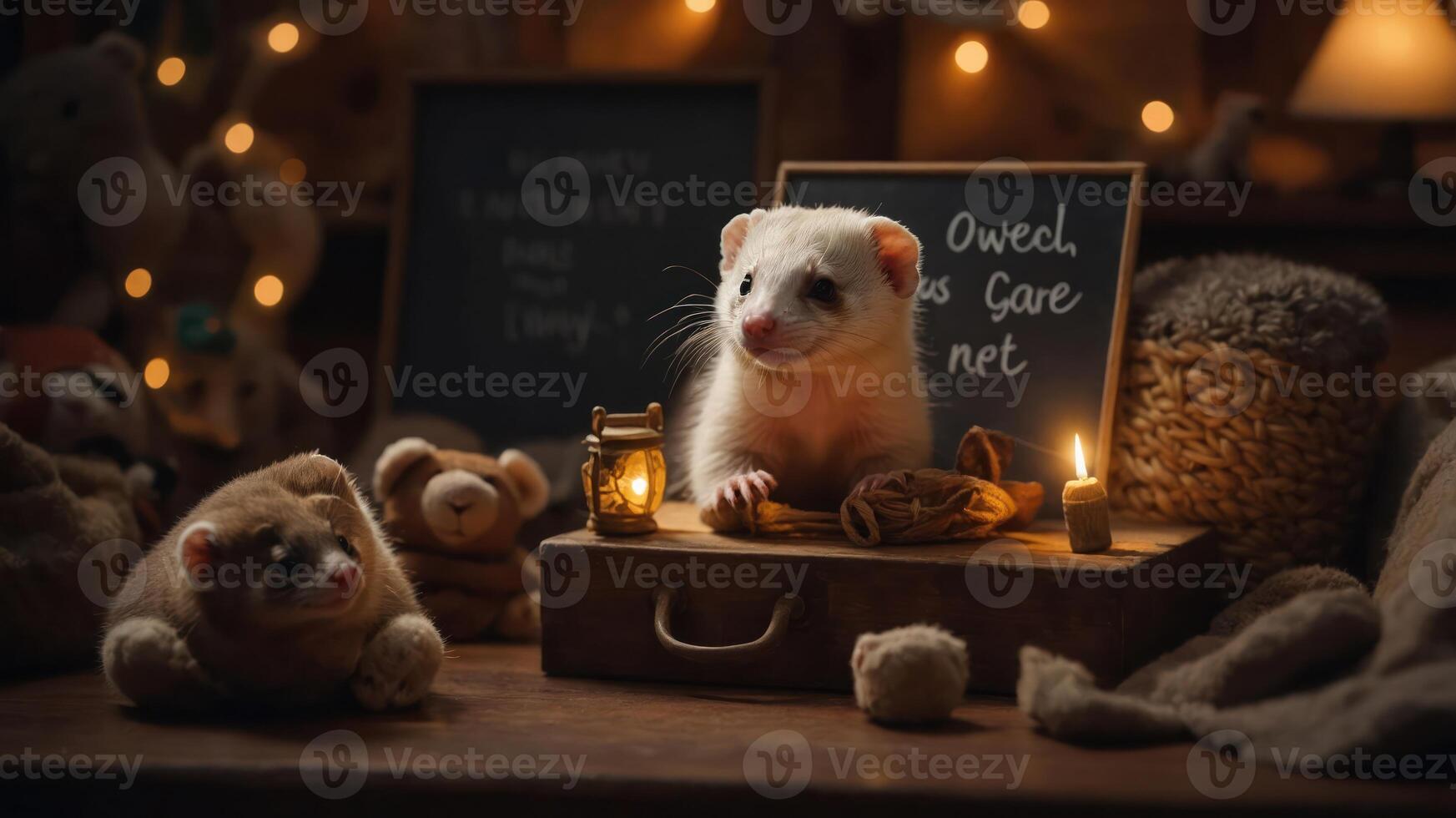 A ferret sits on a rustic table with a lantern, surrounded by plush toys and warm lighting. photo