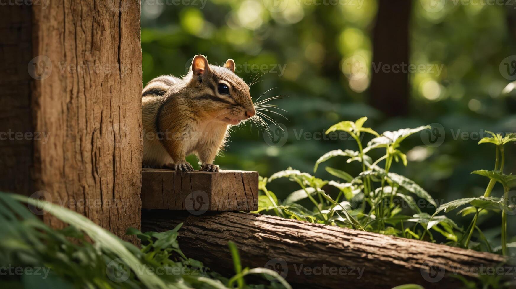 A chipmunk perched on a wooden log amidst lush greenery, capturing a moment in nature. photo