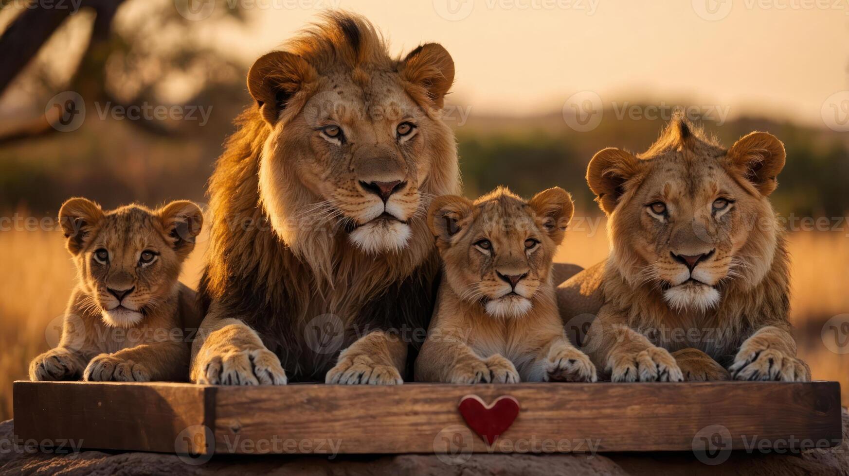 A majestic lion with three cubs on a wooden platform, showcasing family bonds in nature. photo