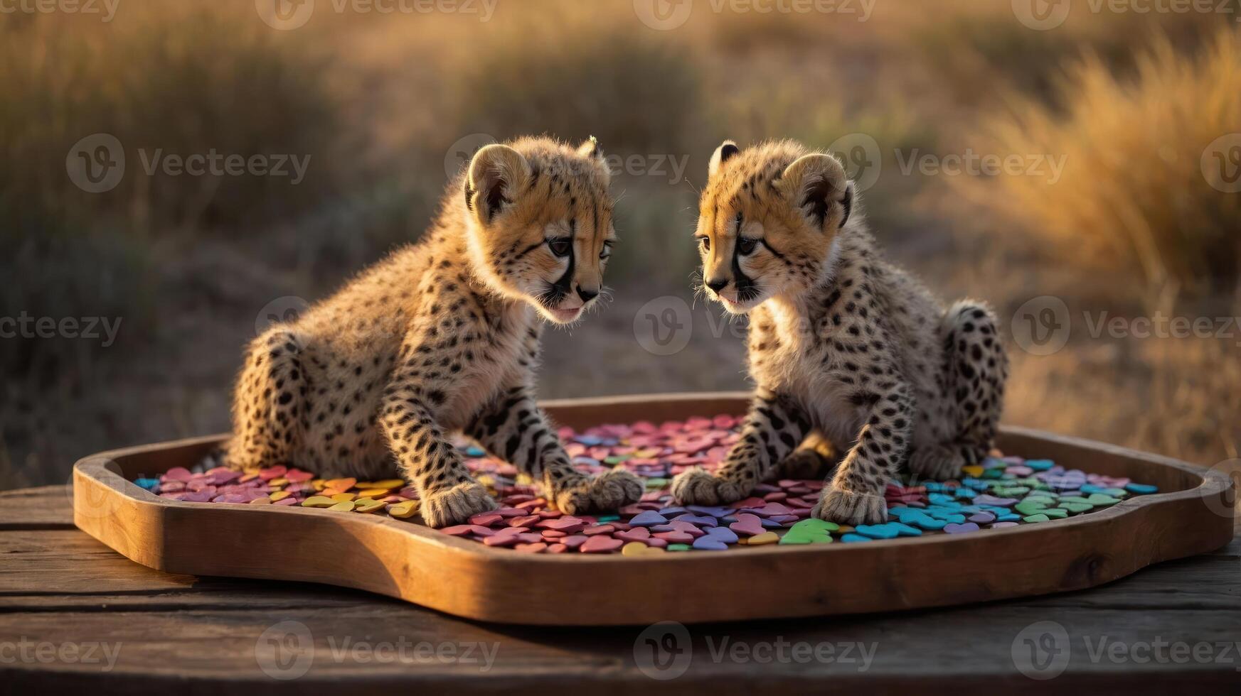 Two playful cheetah cubs sit on a colorful surface in a natural setting. photo