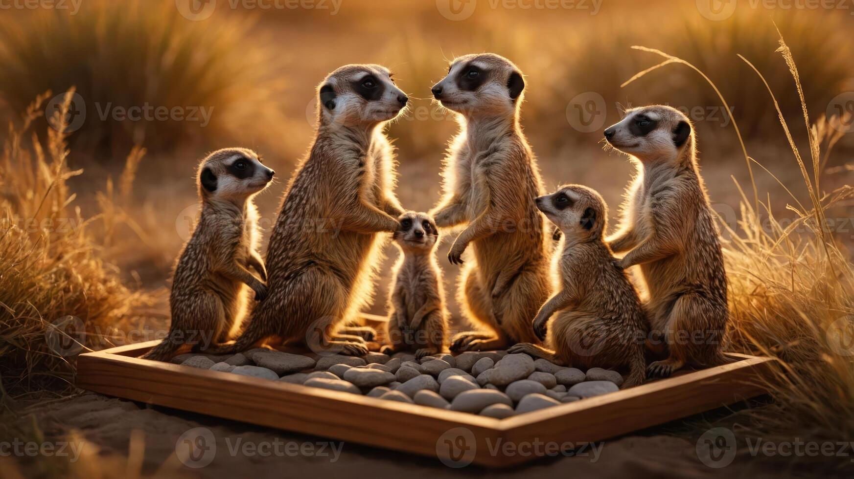 A group of meerkats interacting in a serene, sunlit environment. photo