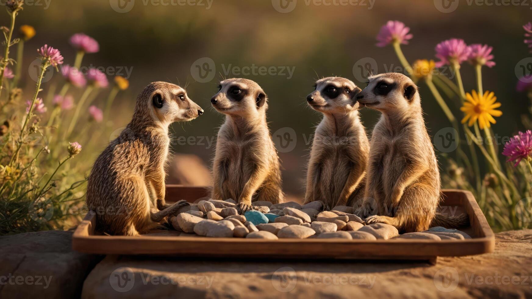 A group of meerkats gathered around a tray of stones in a vibrant flower-filled environment. photo