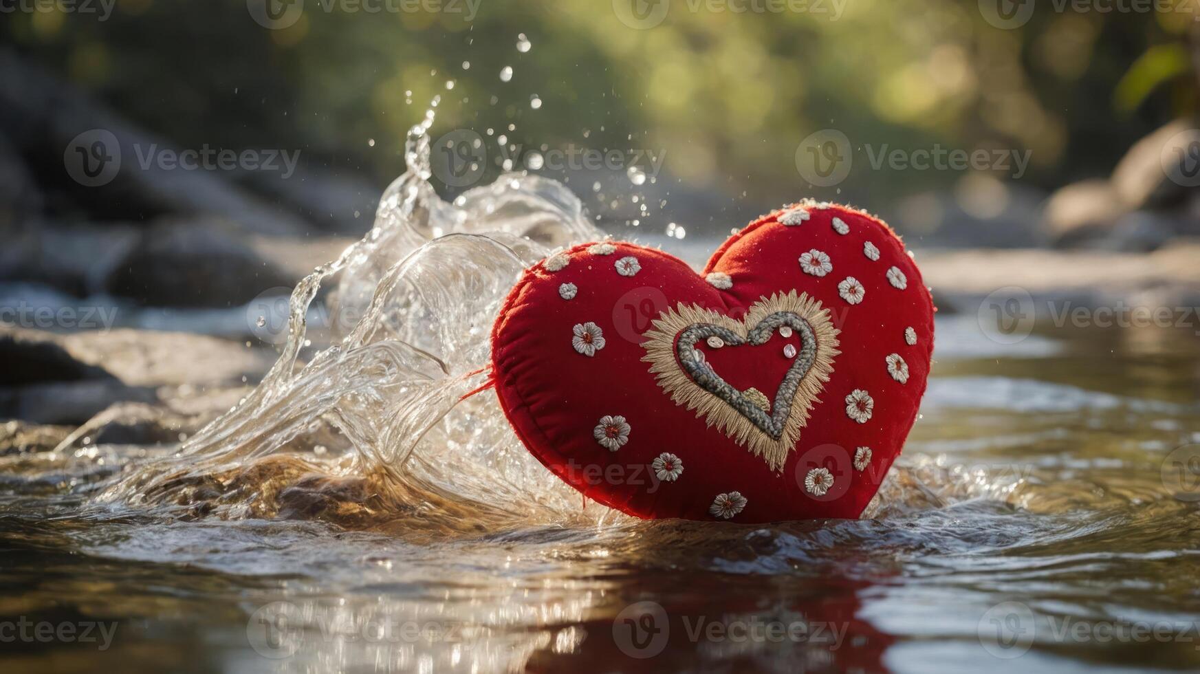 A heart-shaped cushion splashes in a serene water setting, symbolizing love and joy. photo