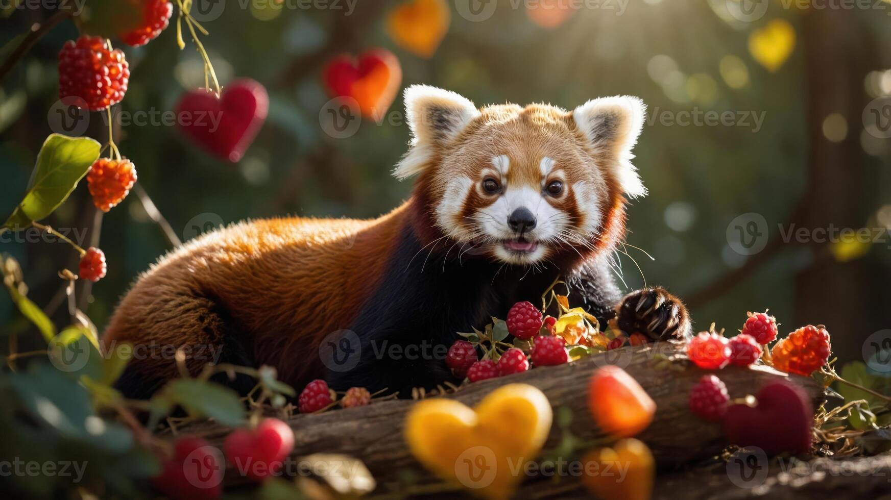 A red panda surrounded by colorful fruits in a vibrant, natural setting. photo