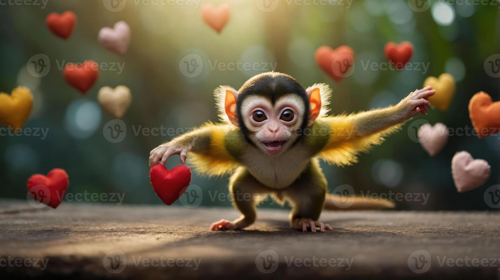 A playful monkey surrounded by colorful hearts, conveying joy and affection. photo