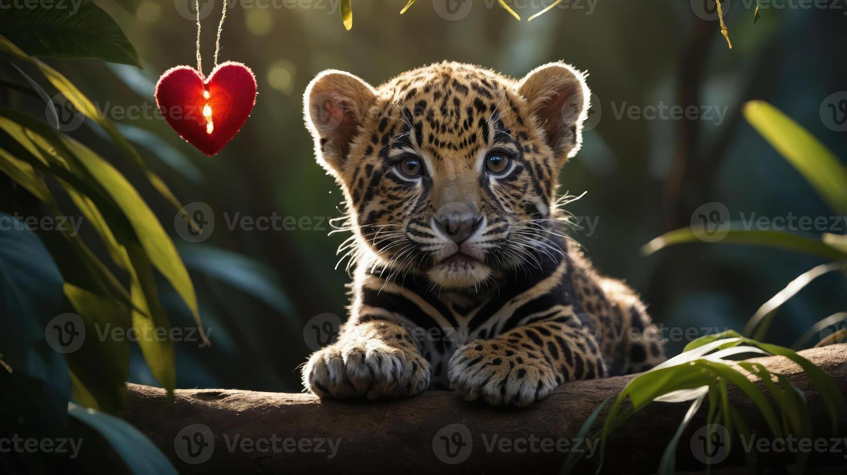 A young jaguar rests on a branch, surrounded by lush greenery and a heart ornament. photo