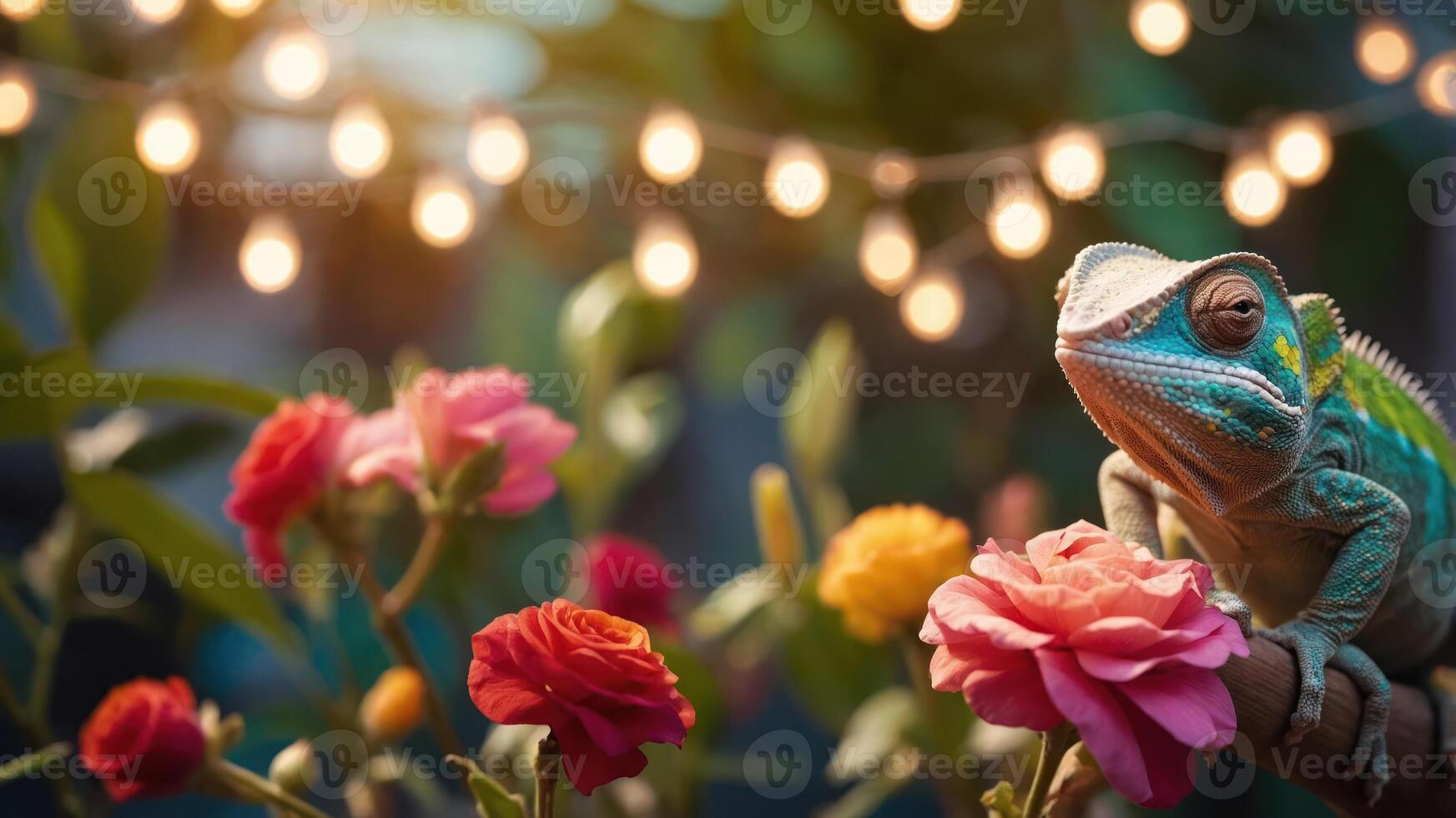 A chameleon resting on colorful flowers with warm string lights in the background. photo