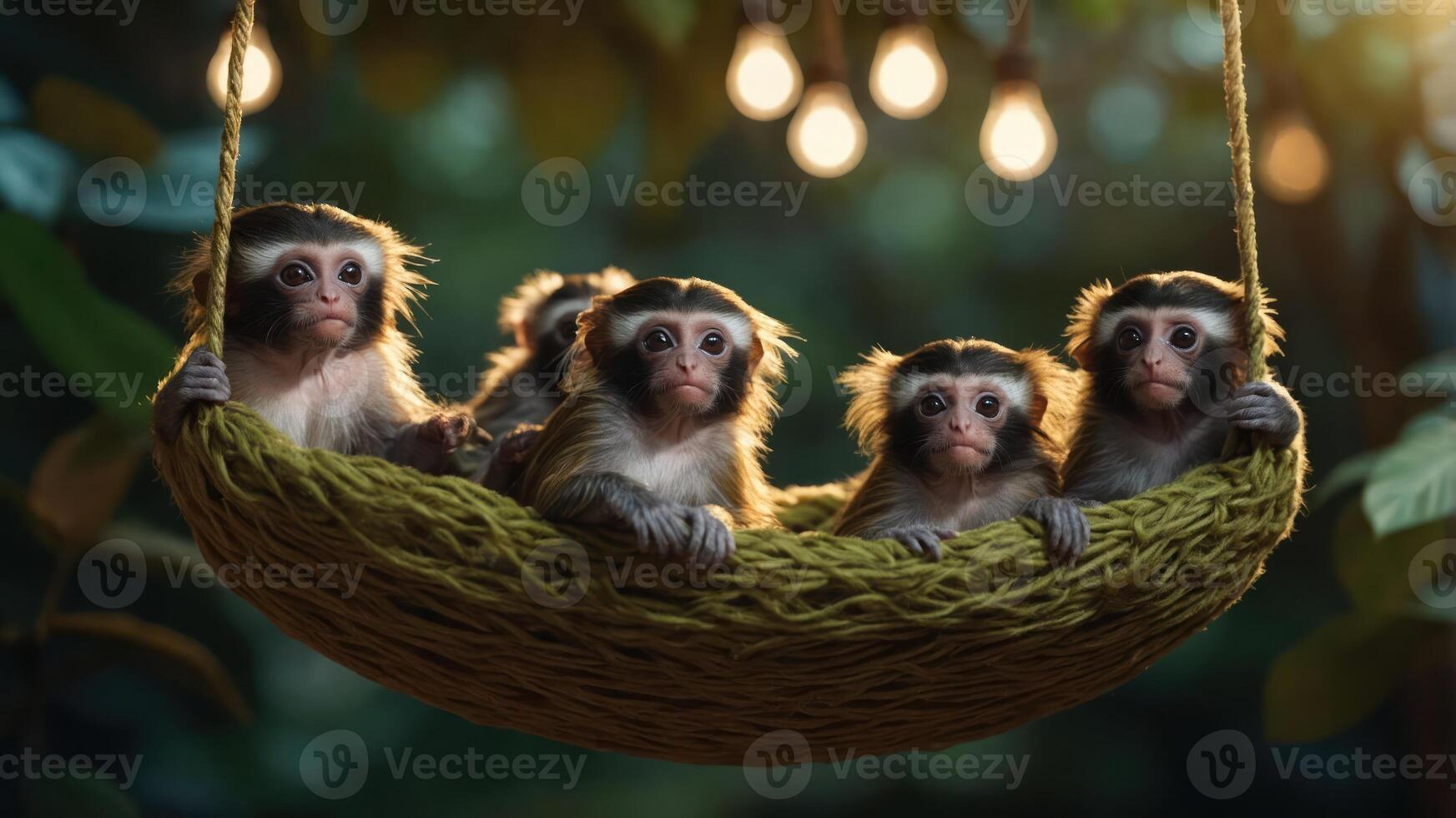 A group of monkeys sitting together in a cozy hammock surrounded by greenery and lights. photo