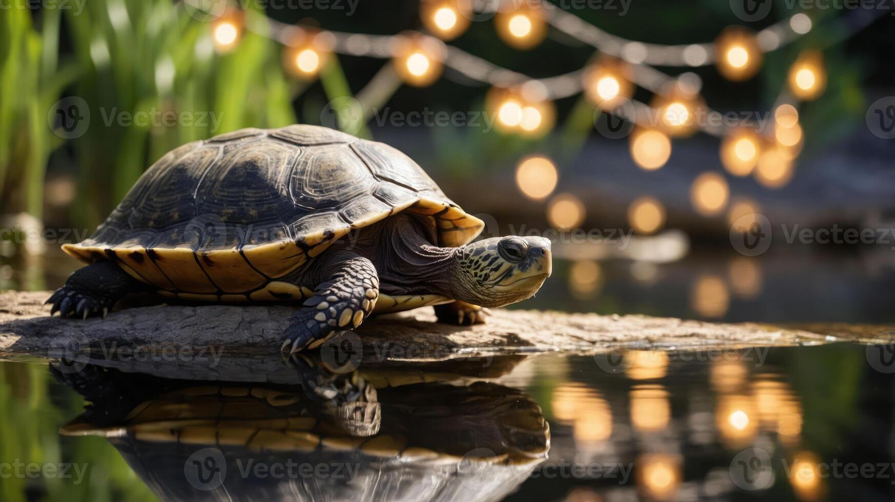 A turtle resting on a rock by a pond, illuminated by soft, glowing string lights. photo