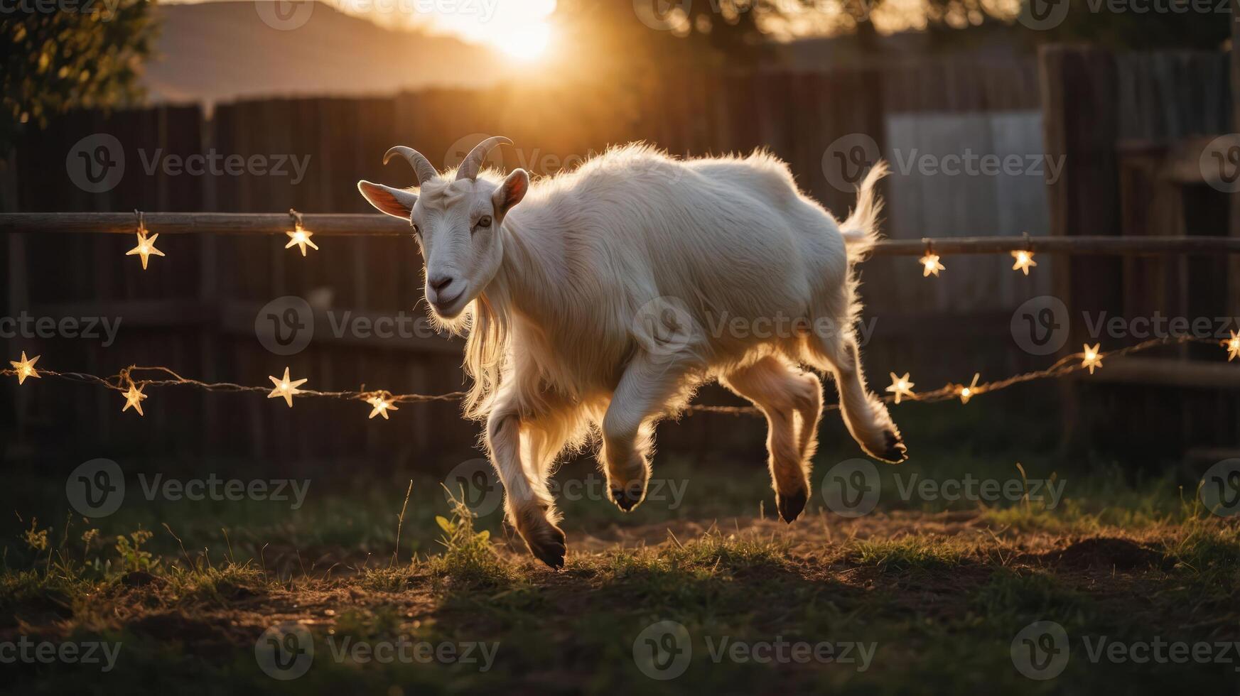 A playful white goat jumps joyfully in a sunset-lit yard adorned with glowing star decorations. photo