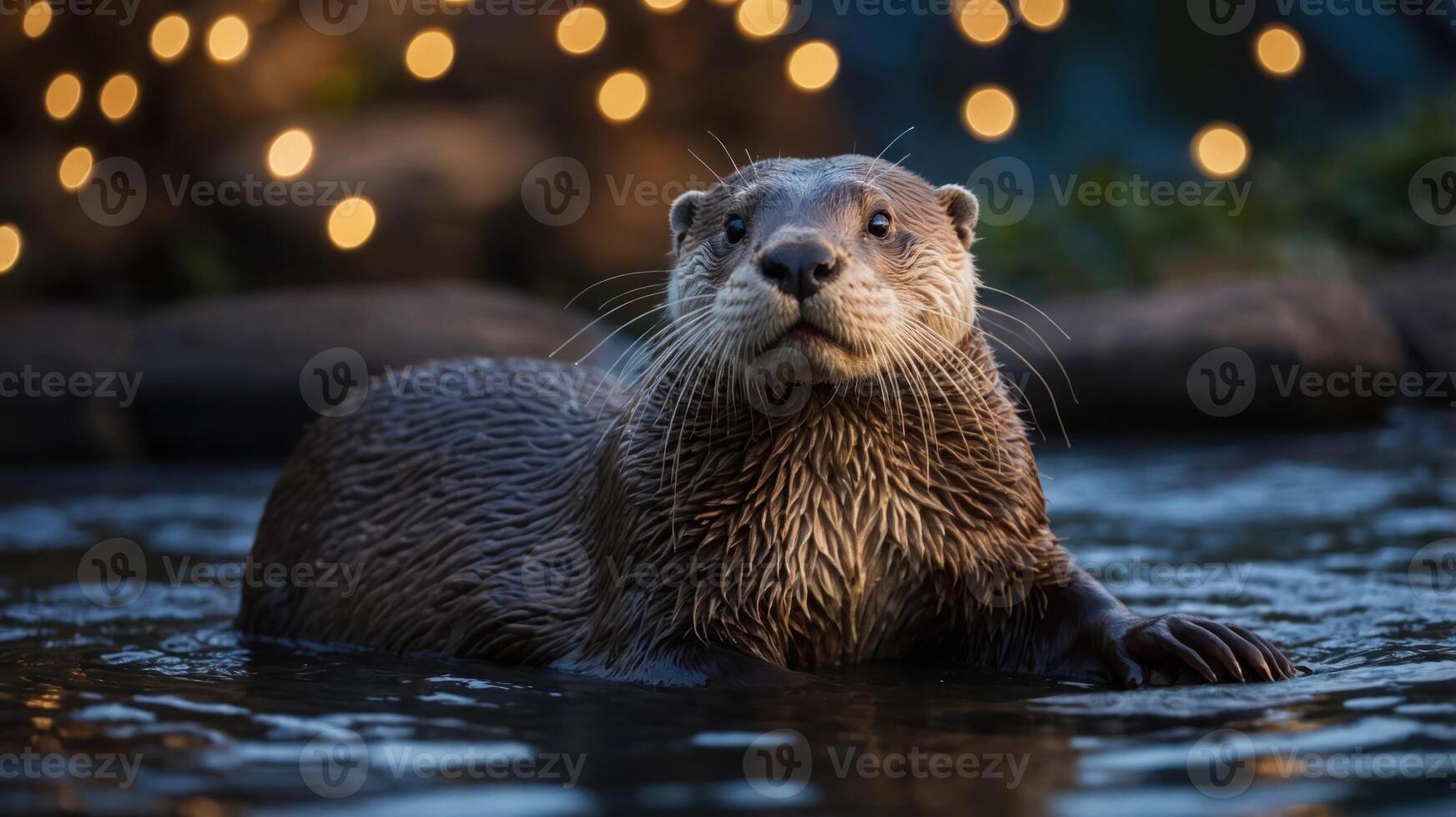 A playful otter emerges from water, surrounded by soft, glowing lights in a serene setting. photo