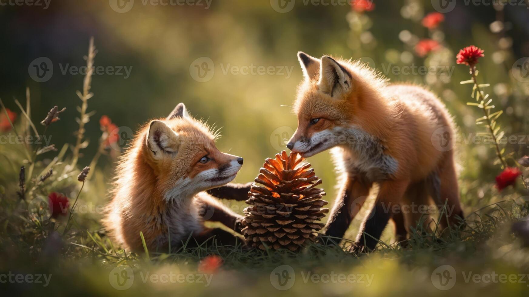 Two playful fox cubs interact with a pine cone in a vibrant, flower-filled meadow. photo