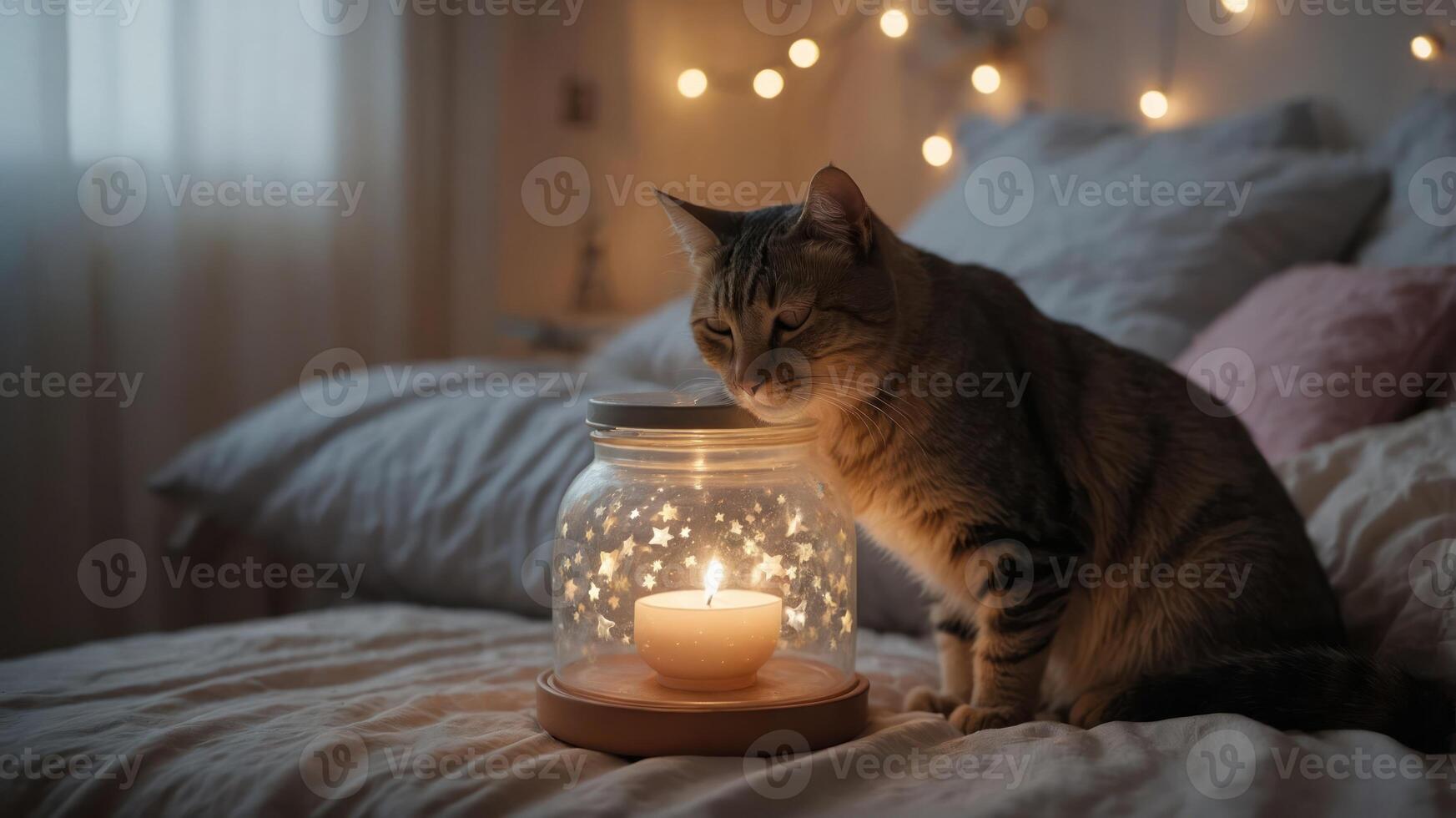 A cozy bedroom scene featuring a cat beside a glowing candle in a jar. photo