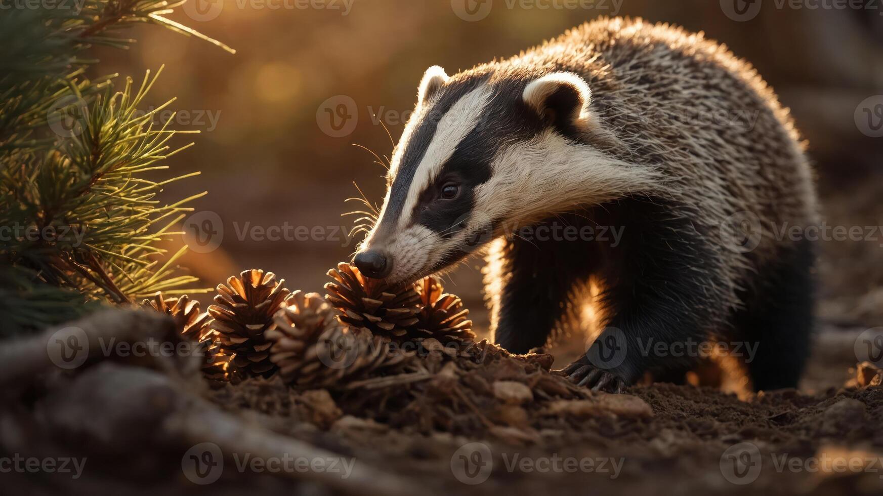 A badger foraging near pine cones in a sunlit forest setting. photo