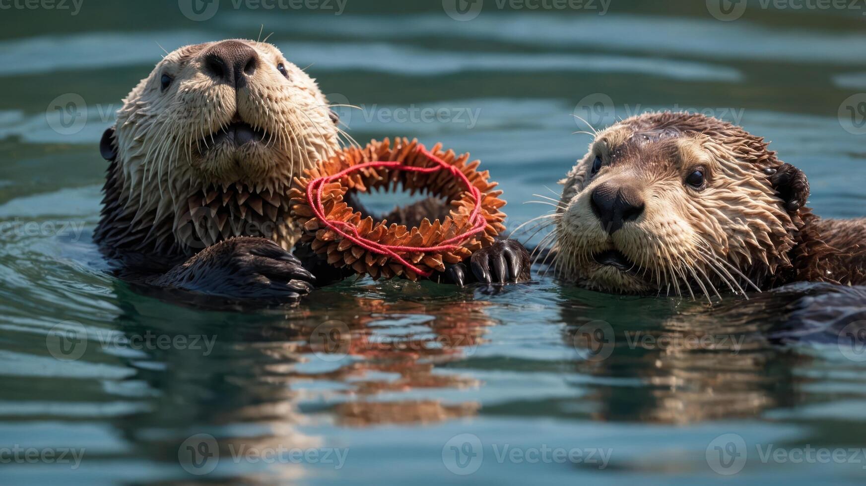 Two otters floating in water, holding a colorful ring and interacting playfully. photo