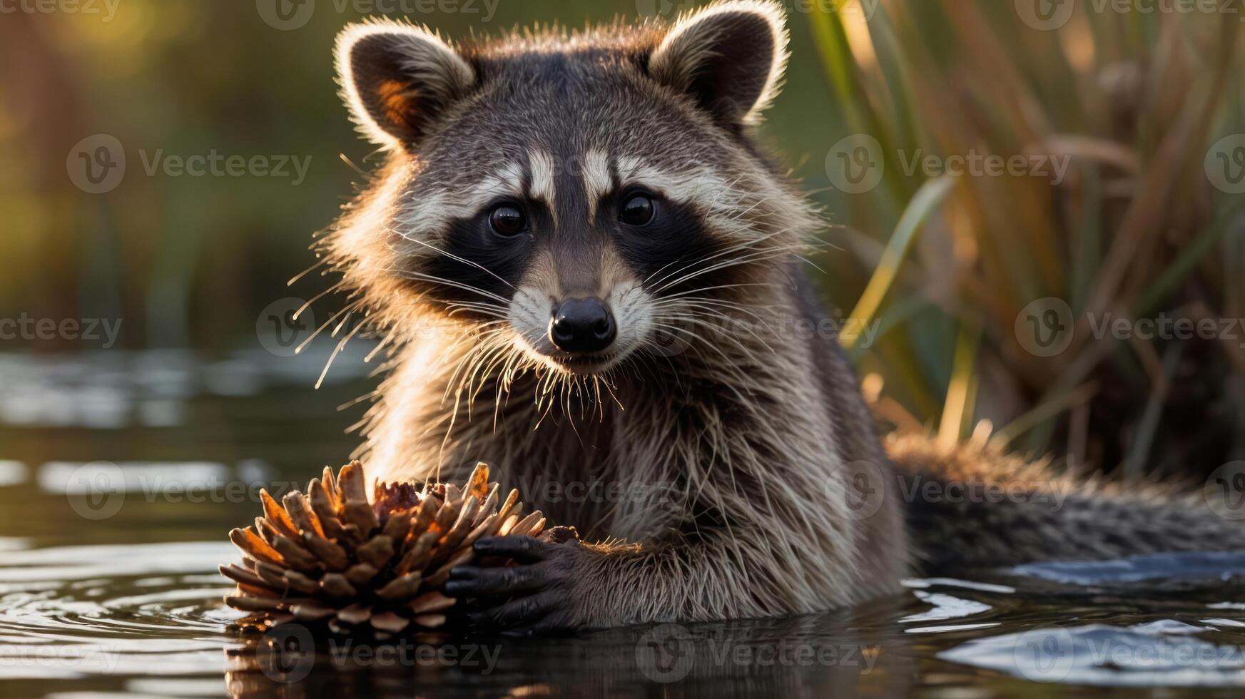 A raccoon playing with a pine cone in a serene water setting, showcasing wildlife interaction. photo