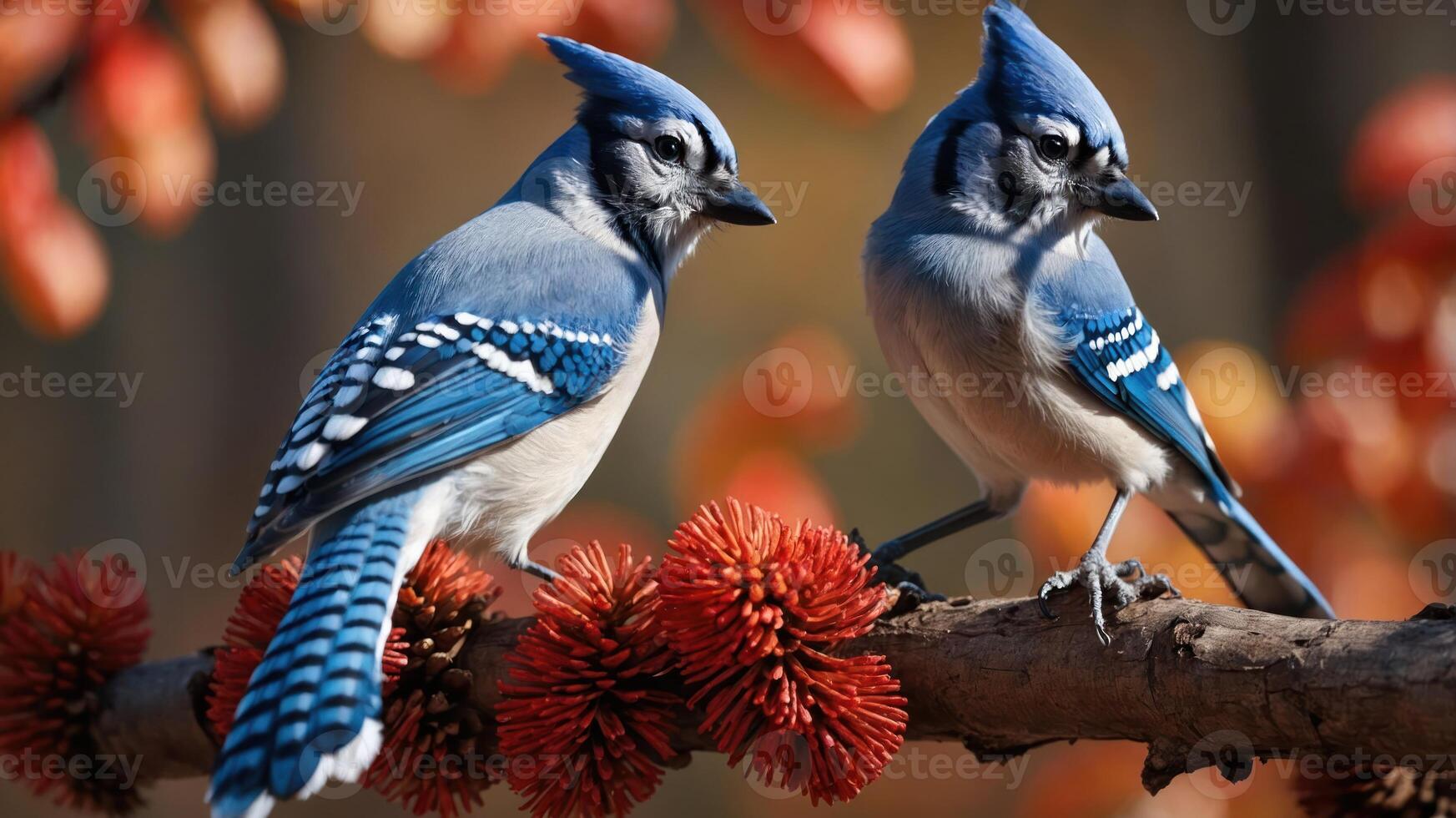 Two blue jays perched on a branch with vibrant autumn foliage in the background. photo