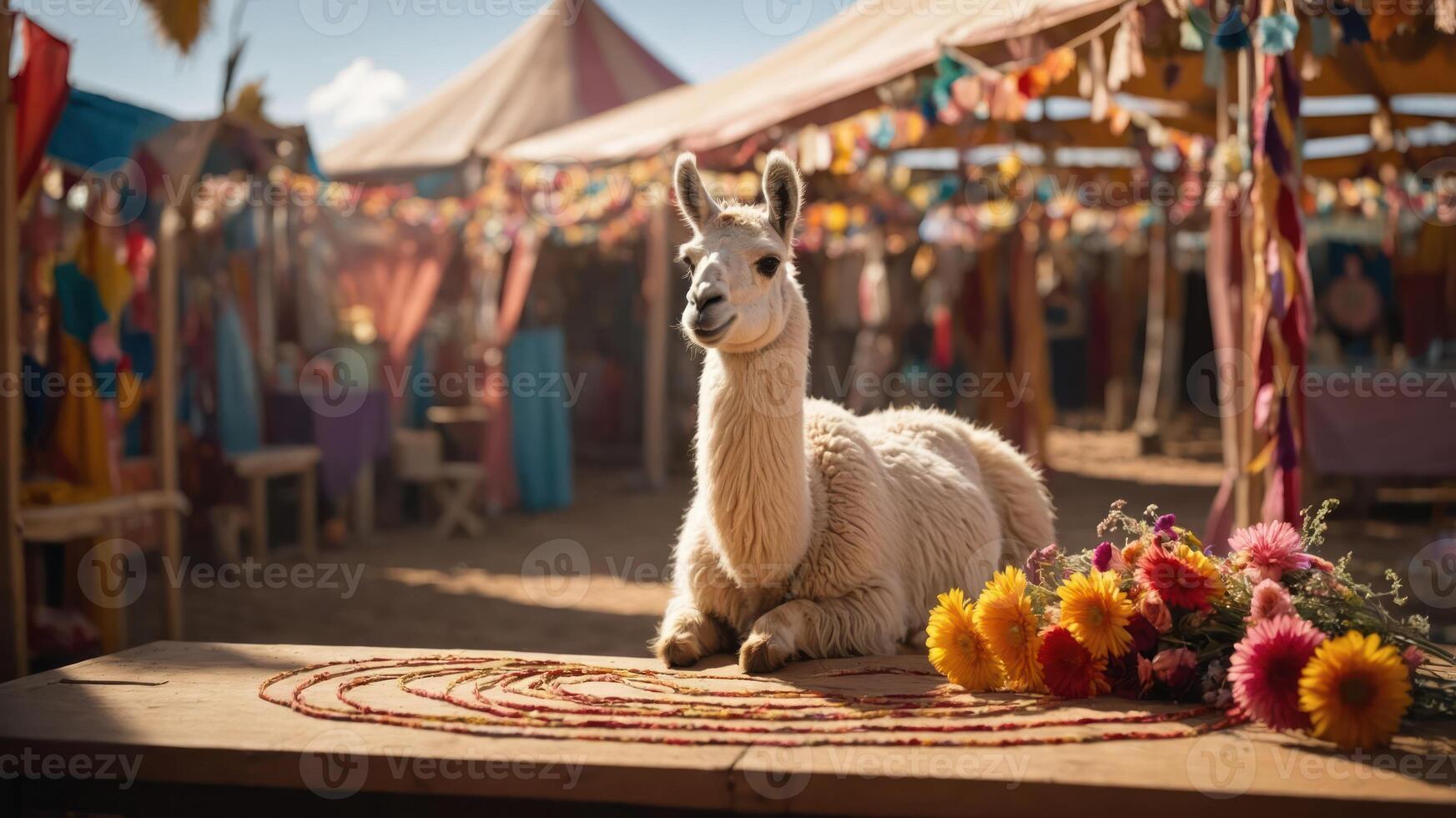A llama poses on a table adorned with flowers in a vibrant market setting. photo