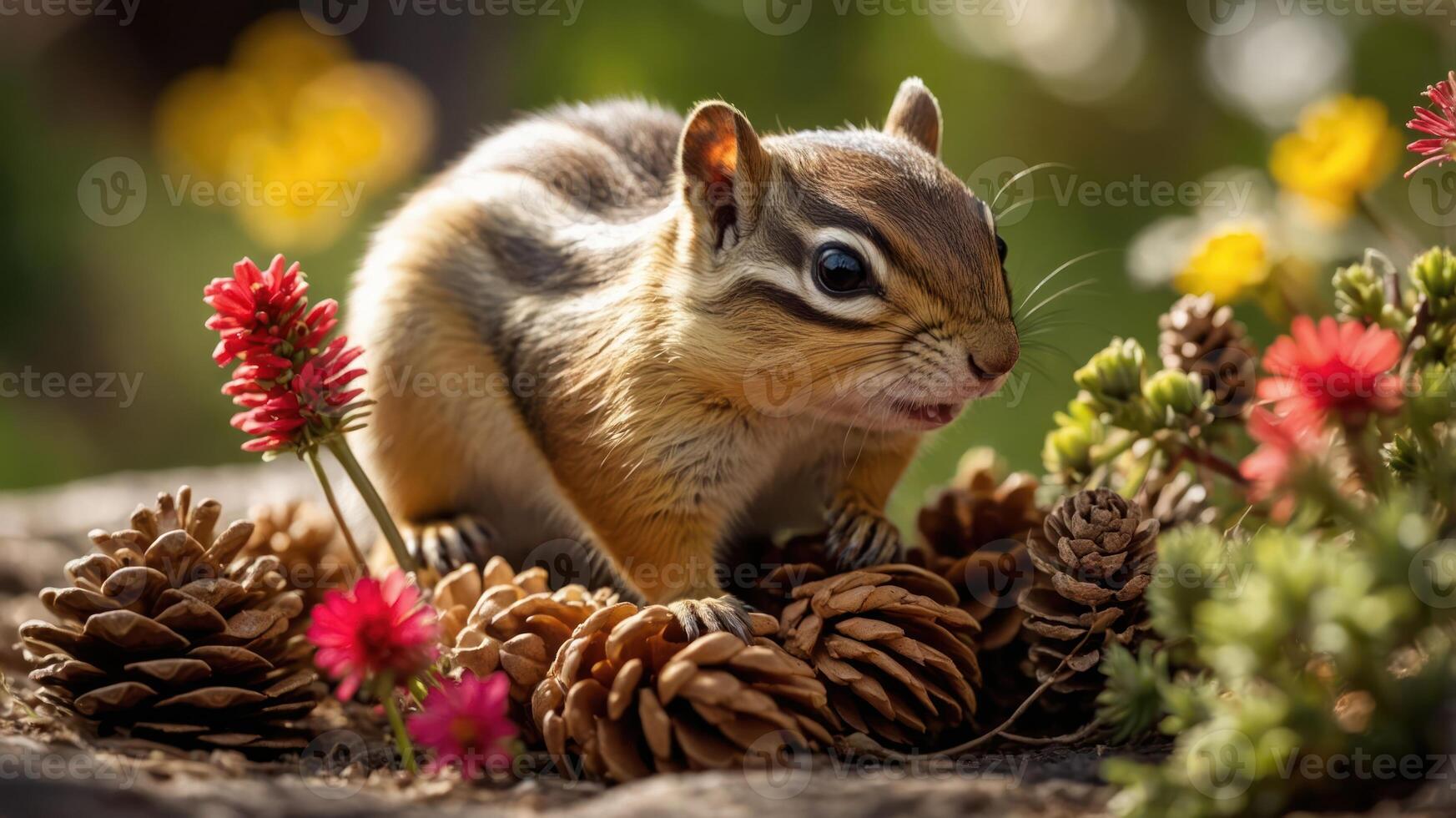 A chipmunk surrounded by pine cones and colorful flowers in a natural setting. photo